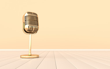 Retro concert or radio microphone realistic 3d render. Golden mike on the floor