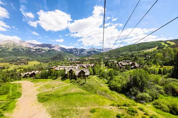 Foto op Aluminium Telluride small town in Colorado with high wide angle above view of city cityscape from free gondola to mountain village in summer and trail path © Andriy Blokhin
