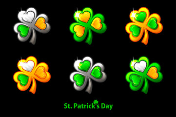 Set precious clover for St. Patrick's Day on a black background.