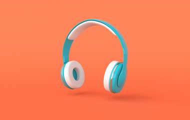 Headphones realistic 3d render. Music lover minimalistic background with blue, white and golden wireless audio earphones