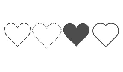 Heart icon set. Outline love vector signs isolated on a background. Gray black graphic shape and dashed dot line art for romantic wedding or valentine gift - obrazy, fototapety, plakaty