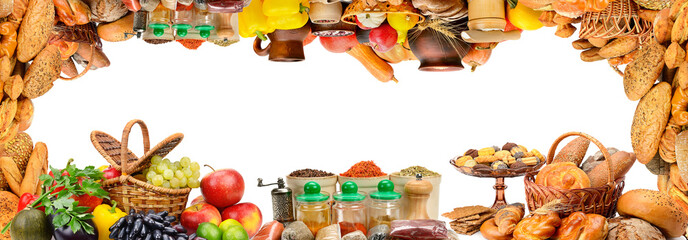 Frame different products - vegetables, fruits, bread products, spices isolated on white.