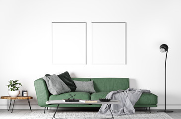 Mock up poster frame in modern interior, green sofa in living room on white wall, 3D render