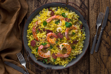 Paella with shrimps and chorizo
