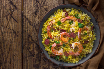 Paella with shrimps and chorizo