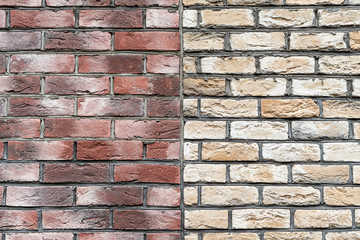 Wall texture of modern brown and yellow rough brick. Grunge surface background. Vintage brickwall. Motley brickwork.