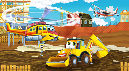 cartoon scene with industry cars on construction site and flying helicopter and plane - illustration for children