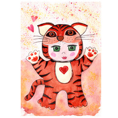 Watercolor child in tiger costume isolated on the white background