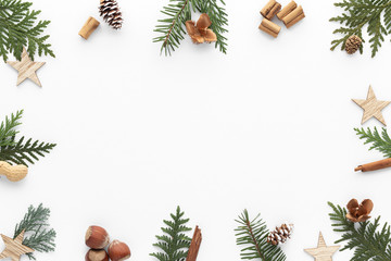 Fototapeta na wymiar Christmas composition. Gift star bauble top view background with copy space for your text. Flat lay.