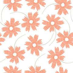 Fototapeta na wymiar Tender light orange floral seamless pattern with pastel flowers on white background. Lovely botanical texture with coral blossoms for textile, wrapping paper, surface, wallpaper