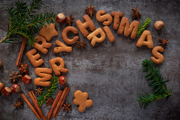 Gingerbread words Merry Christmas on a dark background