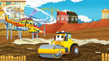 cartoon scene with industry cars on construction site and flying helicopter - illustration for children