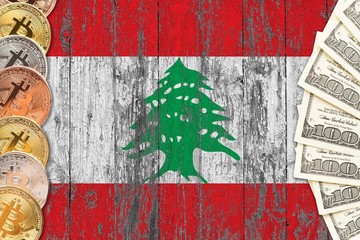 Lebanon savings concept. Bitcoins and dollar banknotes on the side of national flag with wooden background. Trading currencies.