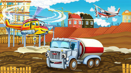 cartoon scene with industry cars on construction site and flying helicopter and plane - illustration for children
