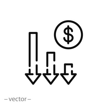 Financial Risk Icon, Benefit Reduce Dollar, Reduction Cost, Thin Line Web Symbol On White Background - Editable Stroke Vector Illustration Eps10