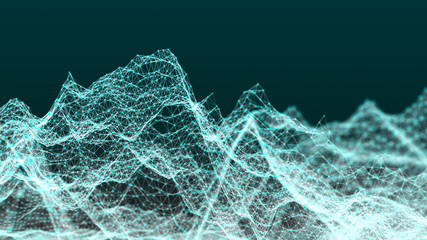 Cybernetic futuristic background. Network of dots connected by lines. Technological 3D landscape. 3D rendering.