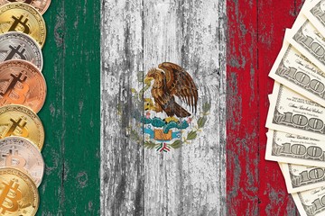 Mexico savings concept. Bitcoins and dollar banknotes on the side of national flag with wooden background. Trading currencies.