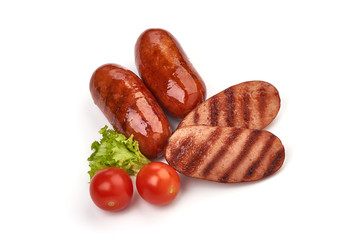 Grilled pork sausages, isolated on white background