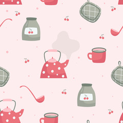 Pink kitchen pattern in red and gray colors. kitchen set of dishes: red kettle with polka dots, cherry jam, cherries, a mug with tea, a towel. vector illustration