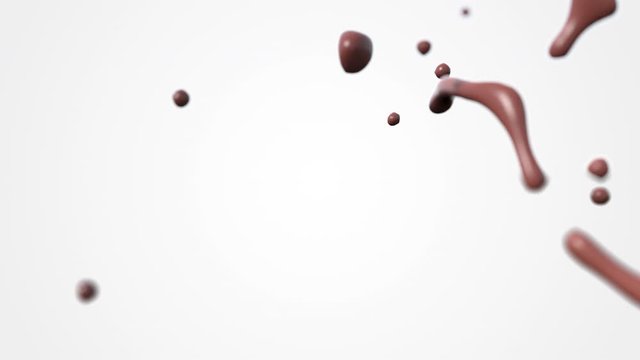 Chocolate liquid explosion on white background with alpha channel. 3D render animation of splash liquid. 4k footage.