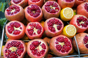 Red peeled pomegranate fruit at a street bazaar in Istanbul.