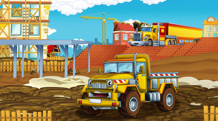 cartoon scene with industry cars on construction site - illustration for children