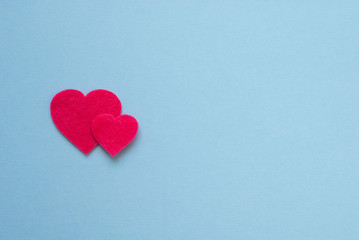 pink hearts on blue background, flatlay, St Valentine's composition