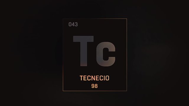 Technetium as Element 43 of the Periodic Table. Seamlessly looping 3D animation on silver illuminated atom design background with orbiting electrons. Name, atomic weight, element number in Spanish lan