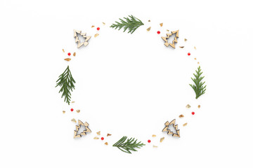 Christmas composition. Fir branch stars top view background with copy space for your text. Flat lay.
