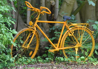 Fototapeta na wymiar Oranges Fahrrad im Grünen