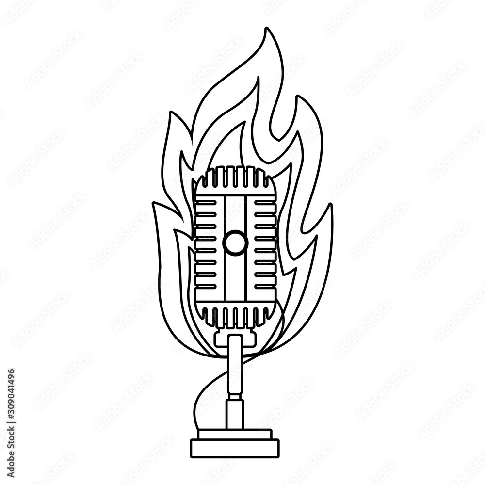 Poster retro microphone in flames icon, flat design