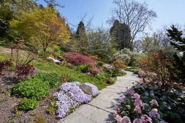 Beautiful footpath in a garden with various flowers in the European Flower Island of Mainau in Germany