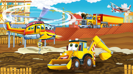 cartoon scene with industry cars on construction site and flying helicopter - illustration for children