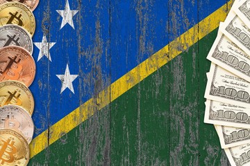 Solomon Islands savings concept. Bitcoins and dollar banknotes on the side of national flag with...