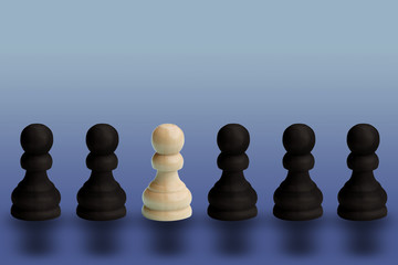 wooden chess pieces, one white pawn in a row of black ones, business concept, close-up, copy space