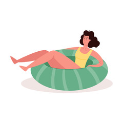 Cute woman relaxes in an inflatable rubber ring. Vector colorful illustration in cartoon style