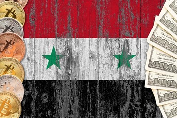 Syria savings concept. Bitcoins and dollar banknotes on the side of national flag with wooden background. Trading currencies.