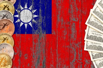 Taiwan savings concept. Bitcoins and dollar banknotes on the side of national flag with wooden background. Trading currencies.