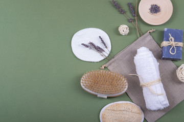 Natural, healthy and zero waste bathroom or spa objects with lavender.