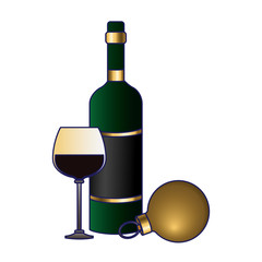wine bottle and glass with christmas ball icon, flat design
