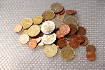 coins of the European Union currency against the background, close-up, copy space, concept of economics and finance