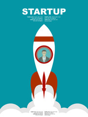 Startup Business. Flat design illustration. Businessman on a rocket