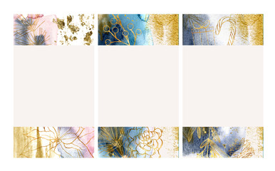 Design backgrounds for social media banner with abstract golden plants. Flowers and berries. Christmas set of Instagram post frame templates. Mockup for beauty blog or sea theme. Layout for promotion.