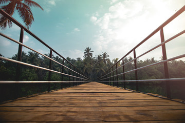 wooden footbridge on river. Beautiful landscape in south India Udupi