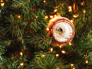 Vintage sparkling ball, decoration for Christmas tree. Traditional decoration for New Year...