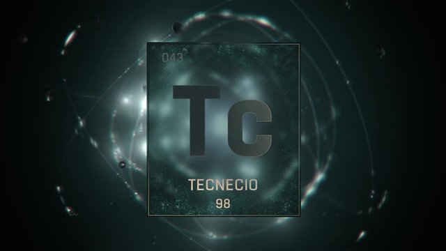 Technetium as Element 43 of the Periodic Table. Seamlessly looping 3D animation on green illuminated atom design background with orbiting electrons. Name, atomic weight, element number in Spanish lang