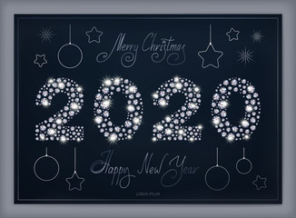 2020 New Year logo with Merry Christmas and Happy New Year lettering holiday greeting card with diamonds over dark blue background in vector. Holiday illustration.