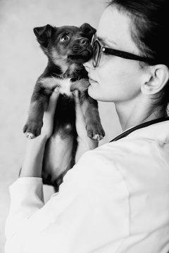 vet hugs a puppy. isolated on white background, black and white photo
