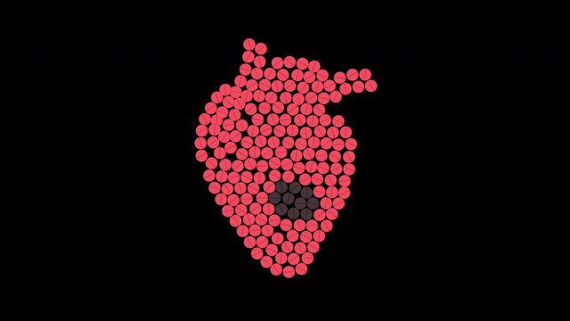 Heart disease awareness animation of red and black pills. Medical solidarity concept. Human body organ treatment. Cartoon motion graphics with alpha channel.