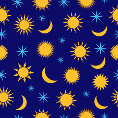 Sun, month and stars in the sky seamless vector pattern background. Yellow, blue, white. Great for kids, fabrics, paper, web banners, wallpapers. Seasonal print